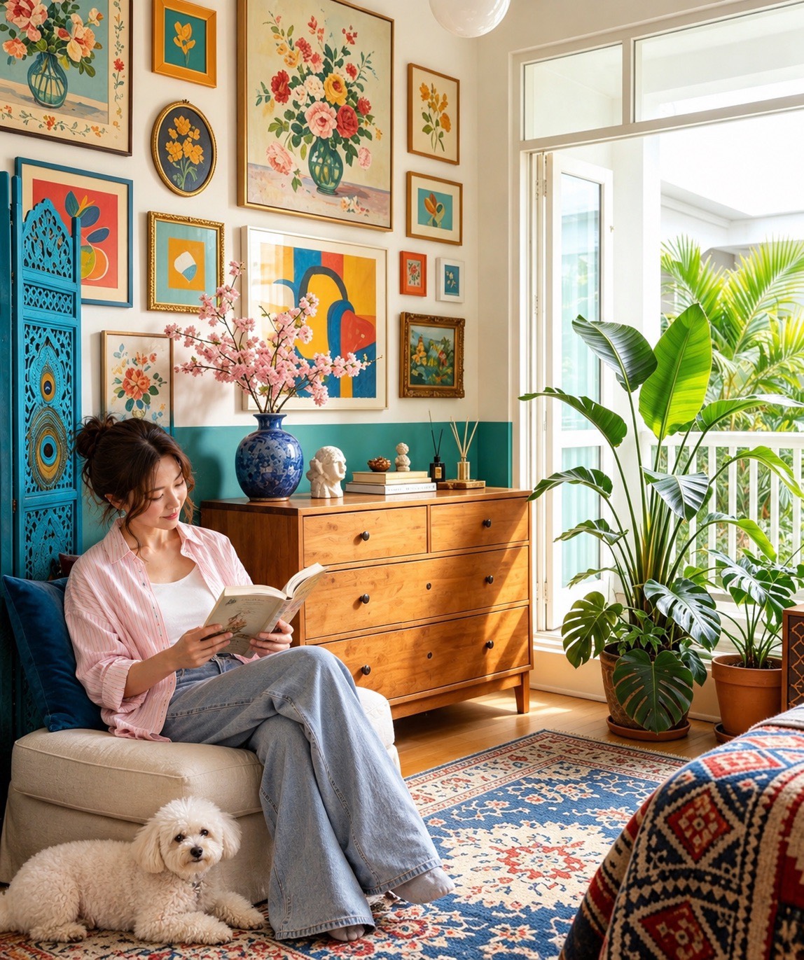 A reading nook with a gallery wall, houseplants, and a small white dog